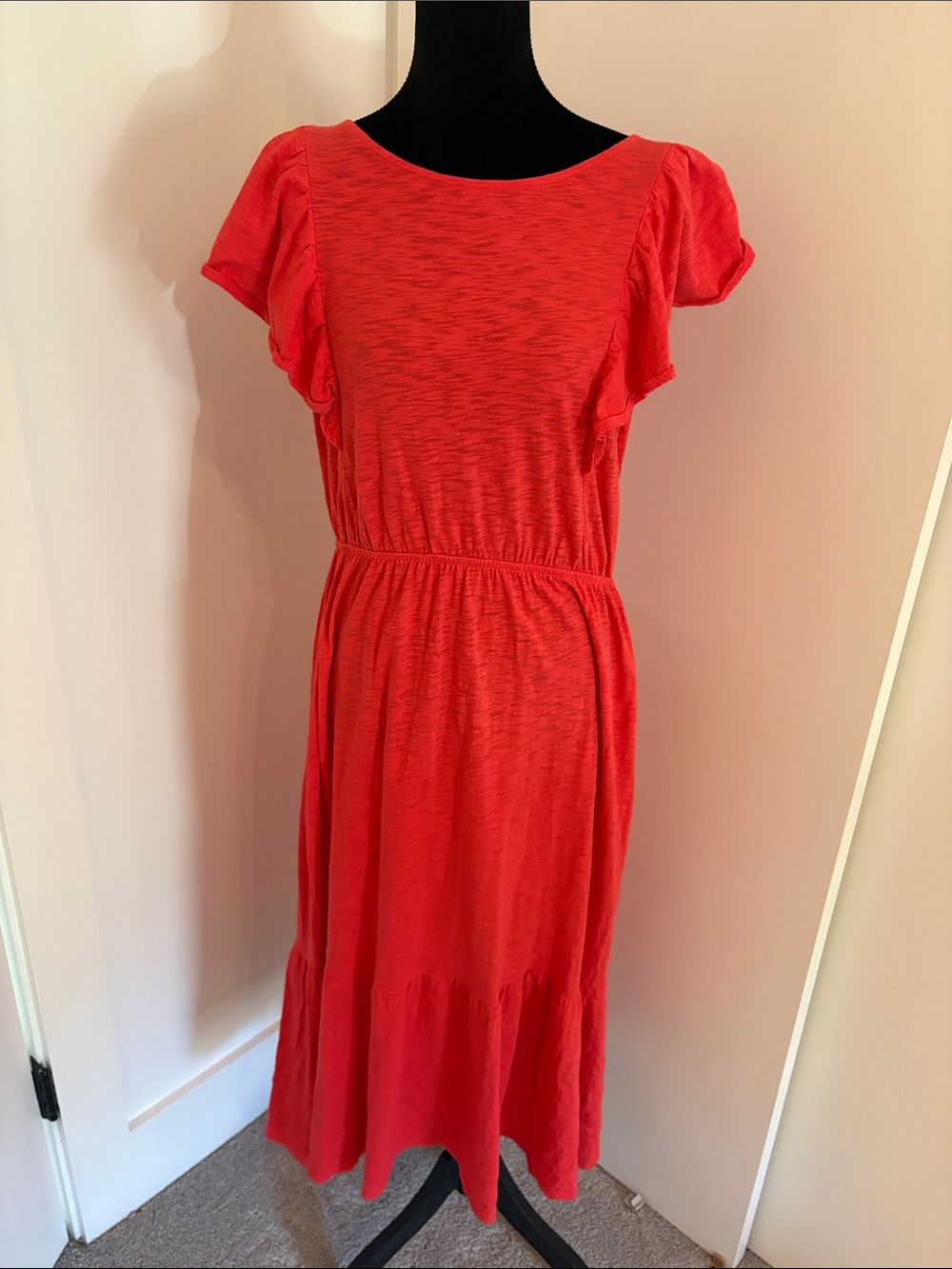 J. Crew Coral Red Flutter‑Sleeve Midi Dress